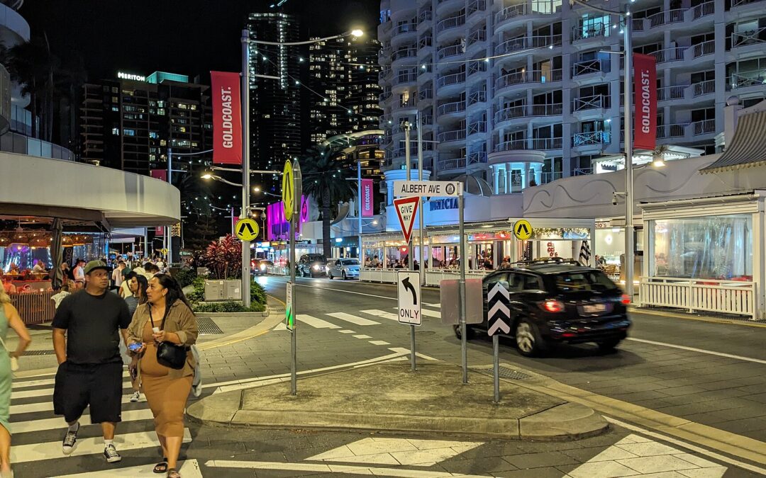 Broadbeach dining strip lit up at night near Boulevard Towers